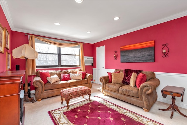 carpeted living room with recessed lighting and crown molding