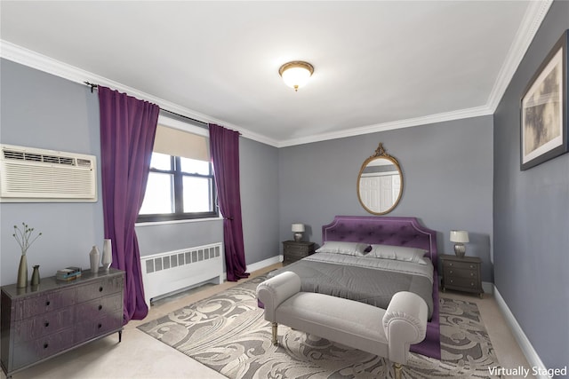 bedroom with radiator, crown molding, carpet flooring, and a wall unit AC