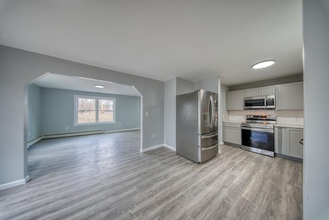 kitchen featuring light wood-type flooring, tasteful backsplash, appliances with stainless steel finishes, baseboards, and baseboard heating