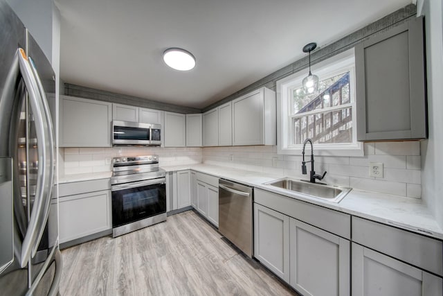 kitchen featuring a sink, tasteful backsplash, light wood-style floors, and appliances with stainless steel finishes