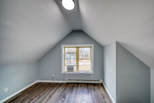 bonus room with lofted ceiling, a baseboard heating unit, wood finished floors, cooling unit, and baseboards