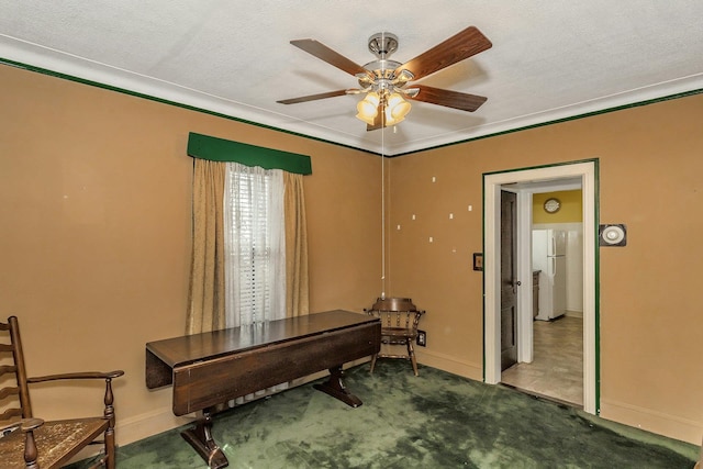 carpeted home office with a ceiling fan, baseboards, and a textured ceiling