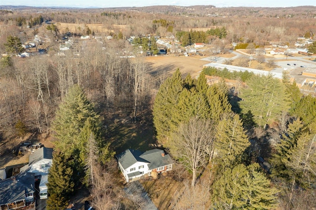 birds eye view of property featuring a wooded view