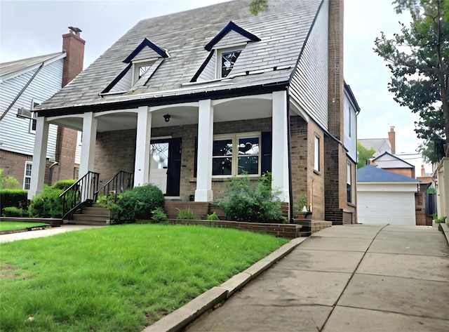53-31 212th St, Bayside, NY 11364 - view of front facade with brick siding, an outdoor structure, a front yard, a chimney, and a detached garage