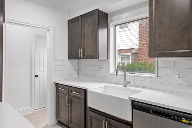 53-31 212th St, Bayside, NY 11364 - kitchen featuring a sink, stainless steel dishwasher, dark brown cabinetry, decorative backsplash, and ornamental molding