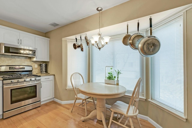 kitchen with appliances with stainless steel finishes, white cabinets, visible vents, and backsplash