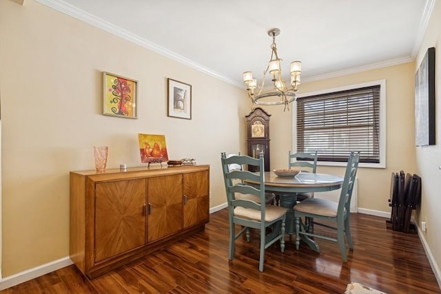 dining area with dark wood finished floors, crown molding, and baseboards