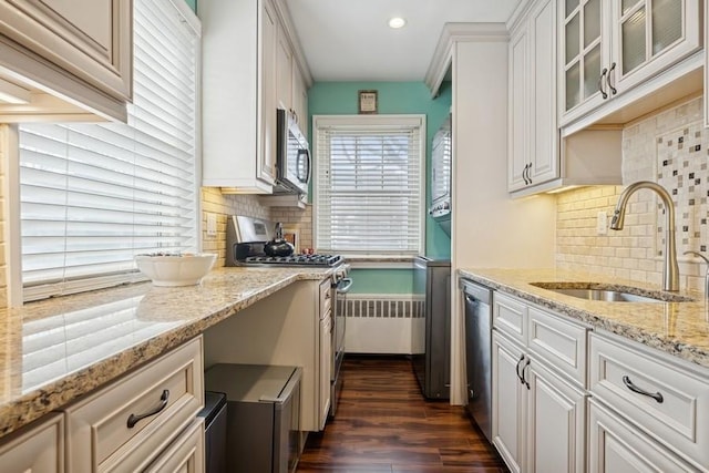 kitchen featuring glass insert cabinets, dark wood-style flooring, light stone countertops, stainless steel appliances, and a sink