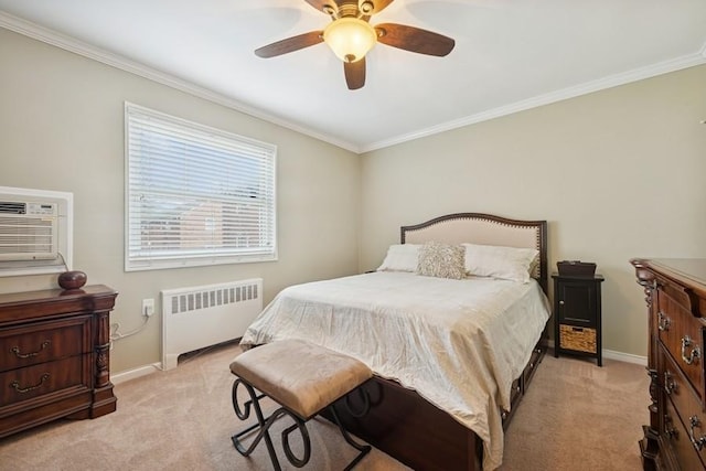 bedroom with light carpet, a ceiling fan, baseboards, ornamental molding, and radiator