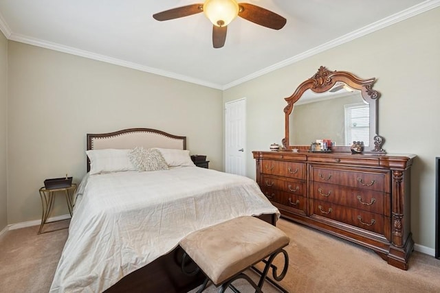 bedroom with baseboards, ornamental molding, and light colored carpet