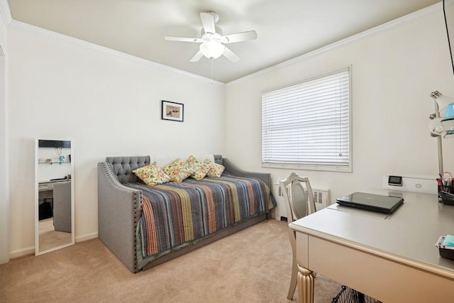 bedroom with light carpet, ceiling fan, and crown molding