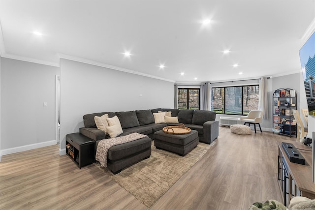 living area featuring ornamental molding, light wood-style flooring, and recessed lighting