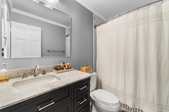 full bath featuring curtained shower, vanity, ornamental molding, and toilet