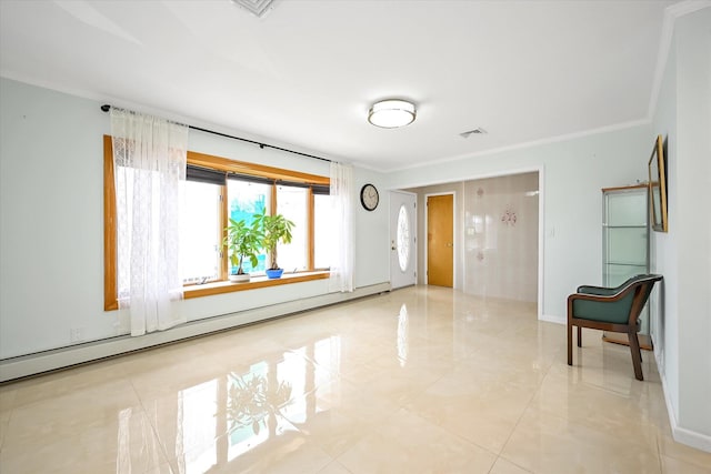 interior space featuring a baseboard radiator, visible vents, and baseboards