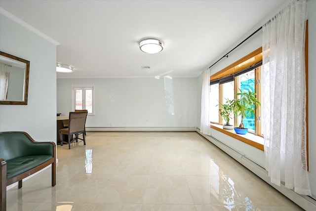 sitting room with light tile patterned floors, visible vents, ornamental molding, baseboard heating, and a baseboard heating unit