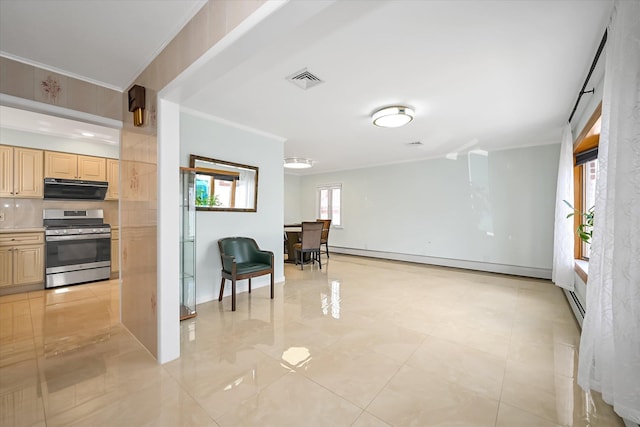 kitchen with extractor fan, open floor plan, light countertops, stainless steel gas stove, and crown molding