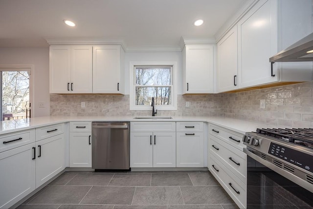 kitchen with a wealth of natural light, wall chimney exhaust hood, appliances with stainless steel finishes, and a sink