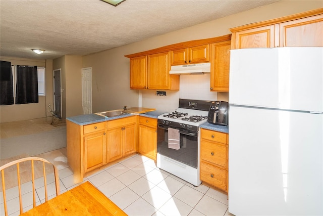 kitchen with under cabinet range hood, range with gas stovetop, a peninsula, freestanding refrigerator, and a sink