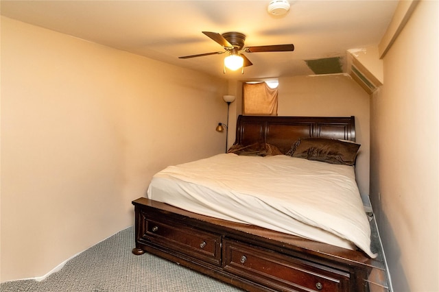 bedroom with carpet flooring and a ceiling fan