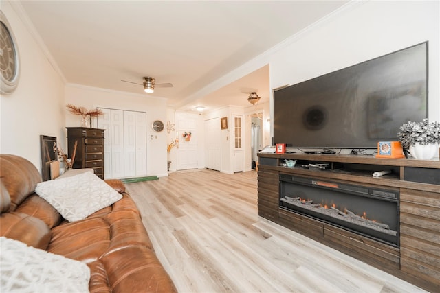 living area with ceiling fan, ornamental molding, wood finished floors, and a glass covered fireplace