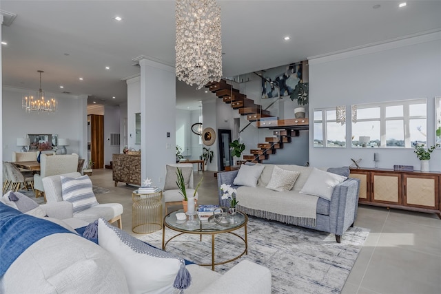 living area featuring recessed lighting, ornamental molding, an inviting chandelier, stairs, and light tile patterned flooring