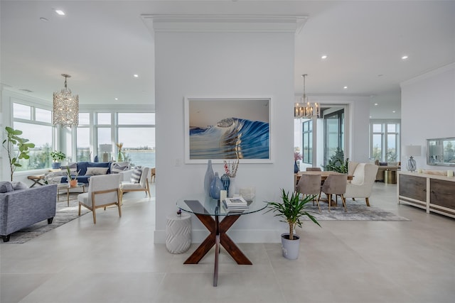 interior space featuring ornamental molding, a notable chandelier, and recessed lighting