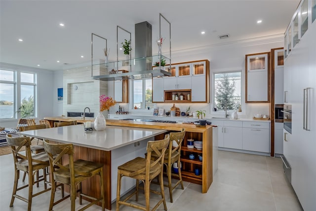 kitchen with ornamental molding, a center island, a healthy amount of sunlight, and island exhaust hood