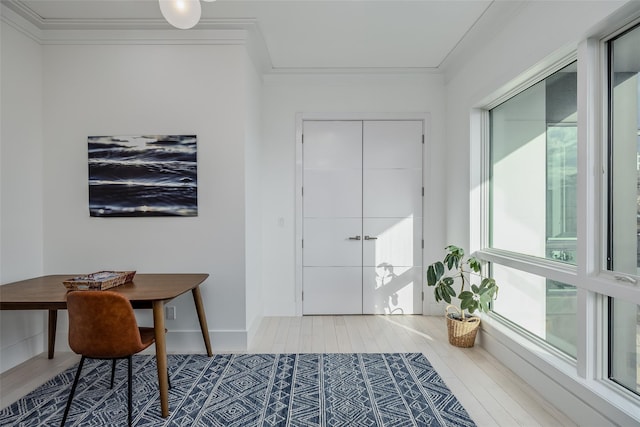 office space featuring wood finished floors and crown molding