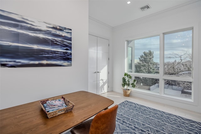 home office featuring ornamental molding and visible vents