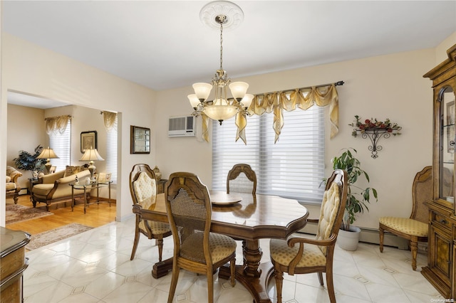 dining space featuring light tile patterned floors, a wall unit AC, and an inviting chandelier