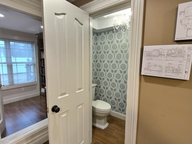 bathroom featuring toilet, an inviting chandelier, a shower with shower curtain, wood finished floors, and baseboards