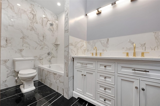 full bath with double vanity, a sink, tile walls, toilet, and a combined bath / shower with marble appearance