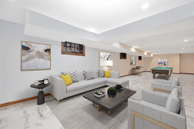 living area featuring recessed lighting, marble finish floor, billiards, and baseboards