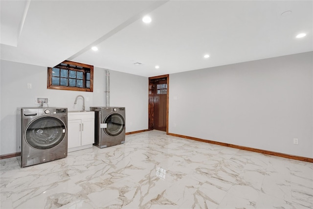 clothes washing area with marble finish floor, independent washer and dryer, recessed lighting, cabinet space, and baseboards