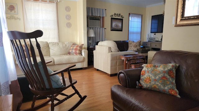 living area featuring light wood finished floors and crown molding