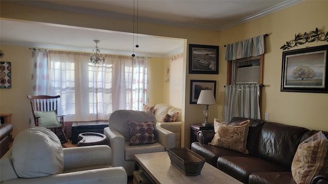 living room with ornamental molding