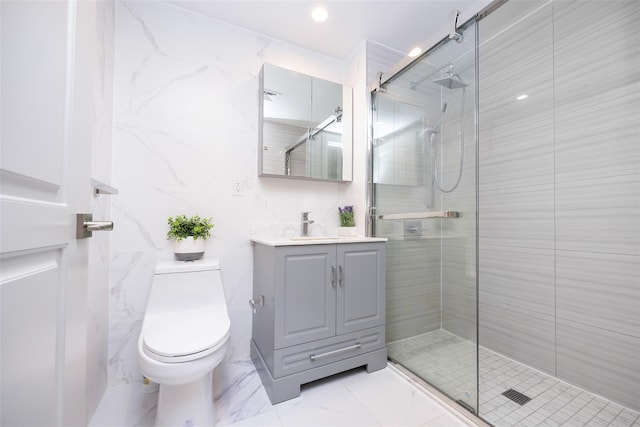 41-62 Bowne St Unit 12G, Flushing, NY 11355 - full bath with a shower stall, marble finish floor, tile walls, toilet, and vanity