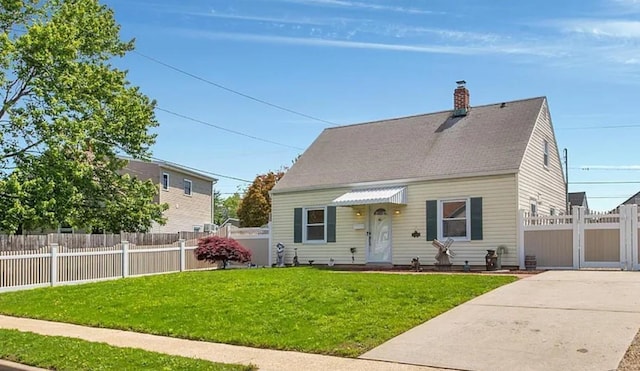 cape cod home with a shingled roof, fence private yard, a chimney, and a front lawn