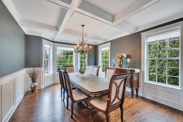 dining room with beamed ceiling, a wainscoted wall, coffered ceiling, wood finished floors, and an inviting chandelier