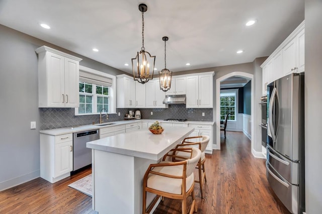 kitchen with under cabinet range hood, a sink, white cabinetry, arched walkways, and appliances with stainless steel finishes