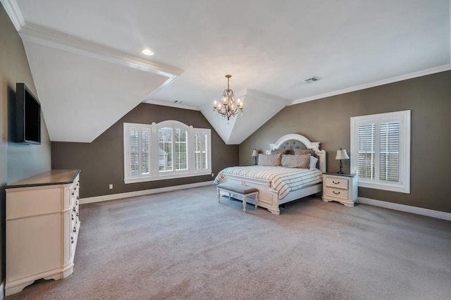 carpeted bedroom featuring visible vents, crown molding, baseboards, and vaulted ceiling