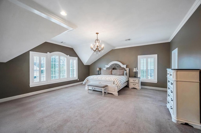 carpeted bedroom with visible vents, multiple windows, and crown molding