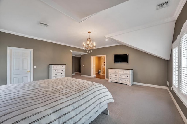 carpeted bedroom featuring visible vents, baseboards, a notable chandelier, and crown molding