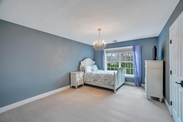 bedroom featuring a chandelier, visible vents, light colored carpet, and baseboards