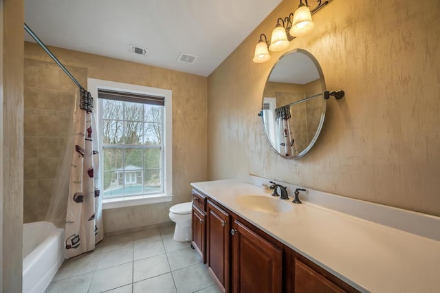 full bathroom featuring tile patterned flooring, visible vents, toilet, and vanity