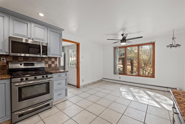 kitchen featuring backsplash, gray cabinets, stainless steel appliances, and a baseboard radiator