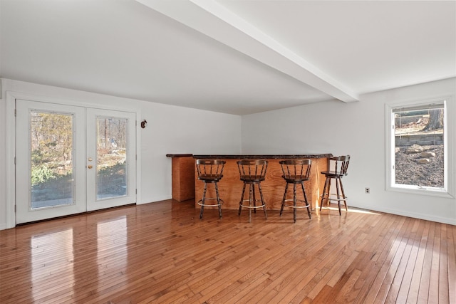 bar featuring french doors, plenty of natural light, a bar, and light wood-style flooring