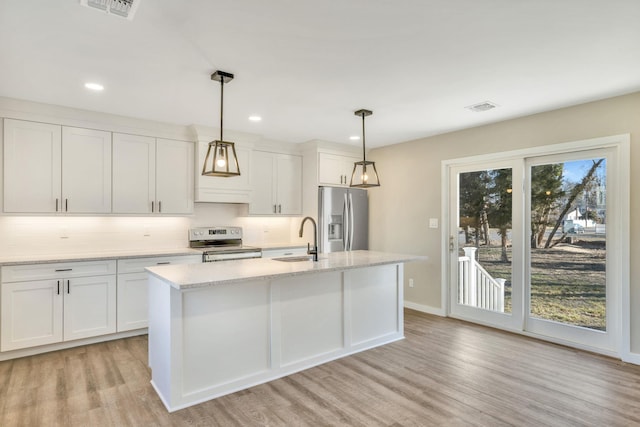 kitchen featuring appliances with stainless steel finishes, visible vents, a sink, and light wood-style flooring