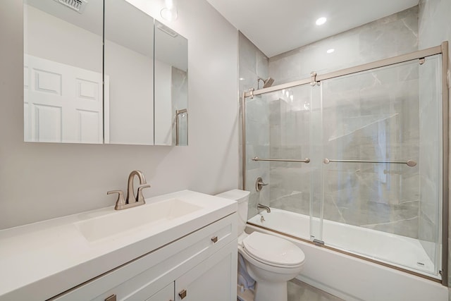 bathroom featuring bath / shower combo with glass door, recessed lighting, visible vents, toilet, and vanity