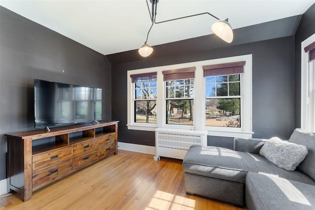 living room with vaulted ceiling, plenty of natural light, radiator, and wood-type flooring